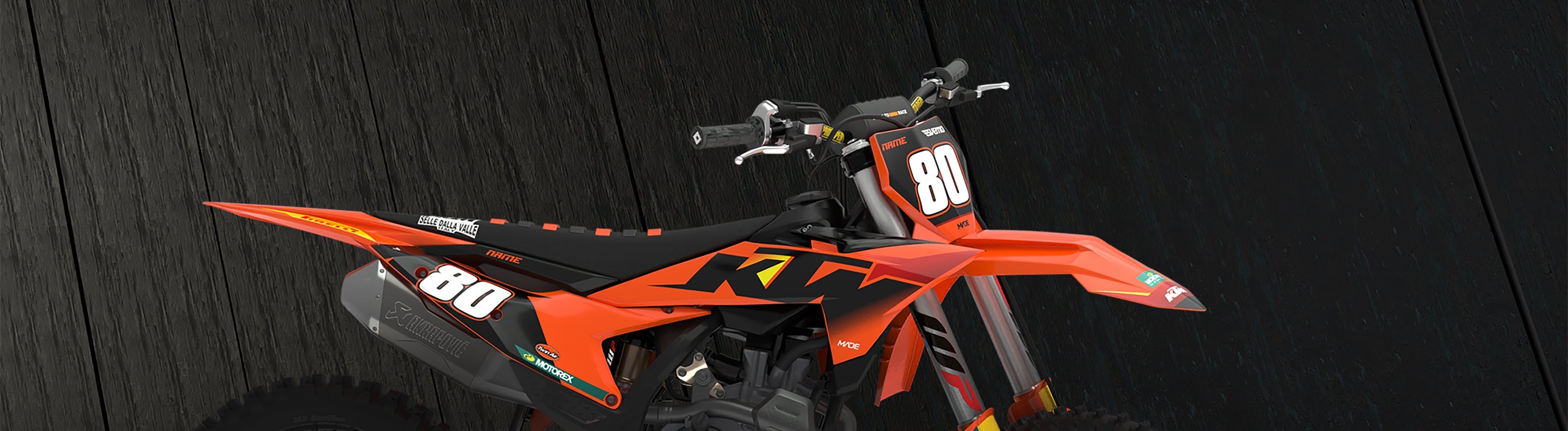 High-quality KTM motocross graphics kit with durable materials for off-road performance.