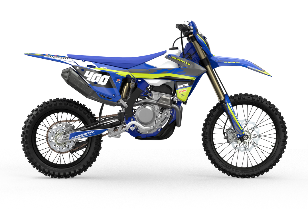 Sherco SE enduro dir bike graphics in blue, grey and yellow colors