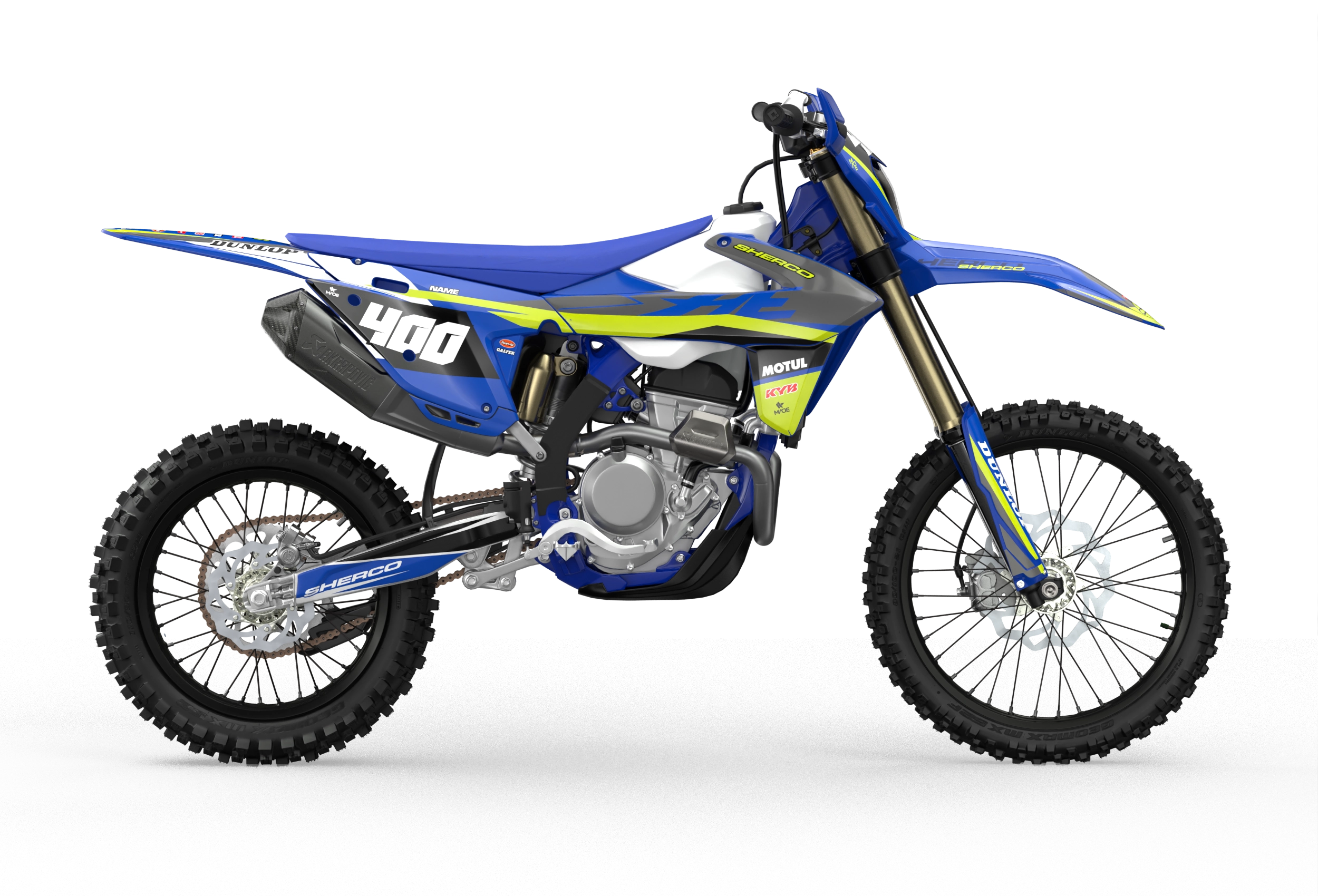 Sherco SE enduro dir bike graphics in blue, grey and yellow colors