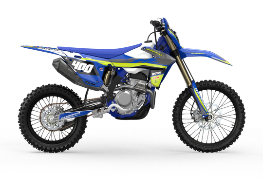 Sherco SE enduro dir bike graphics in blue, grey and yellow colors