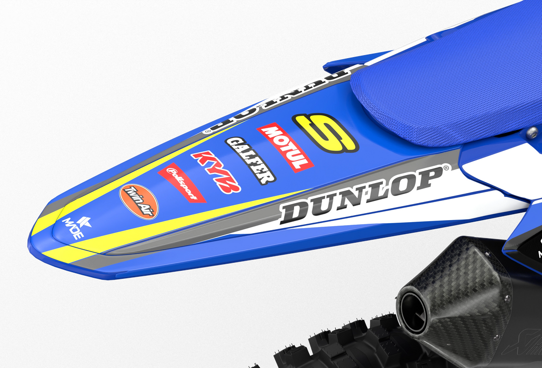 Sherco SE enduro dirt bike graphics in blue, grey and yellow colors