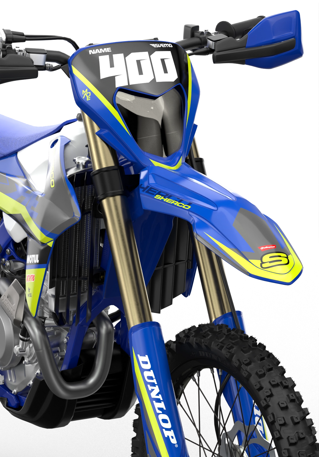 Sherco SE enduro dirt bike graphics in blue, grey and yellow colors