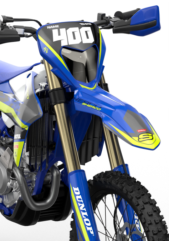 Sherco SE enduro dirt bike graphics in blue, grey and yellow colors
