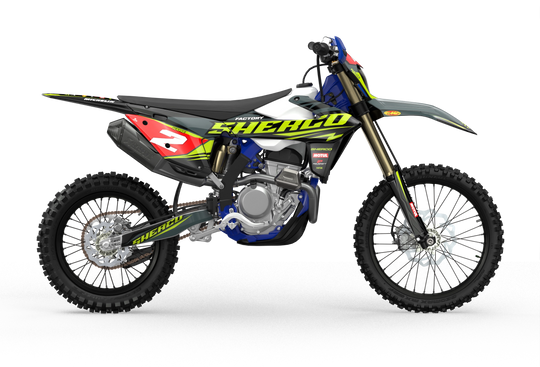Sherco SE enduro Factory dirt bike graphics in blue, grey and yellow colors Black#color_black