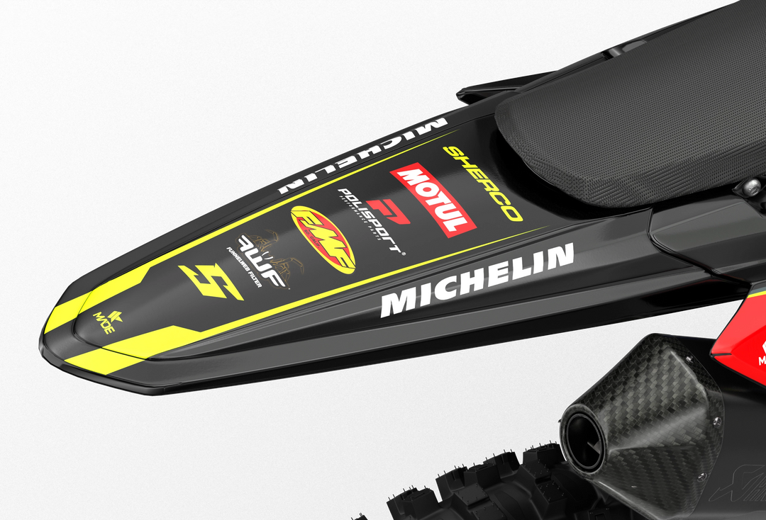 Sherco SE enduro Factory dirt bike graphics in blue, grey and yellow colors Black#color_black