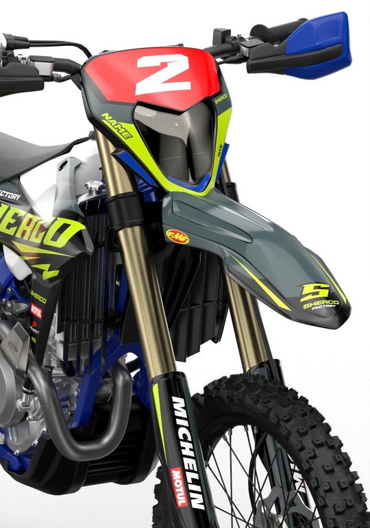 Sherco SE enduro Factory dirt bike graphics in blue, grey and yellow colors Black#color_black