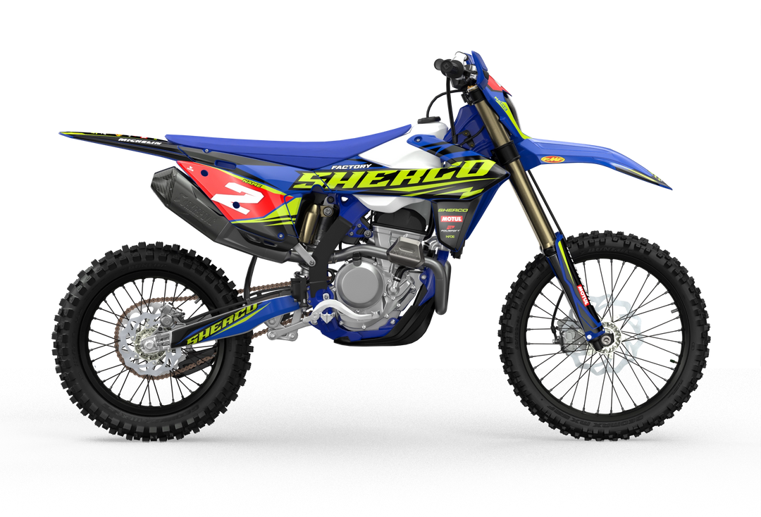 Sherco SE enduro Factory dirt bike graphics in blue, grey and yellow colors Blue#color_blue