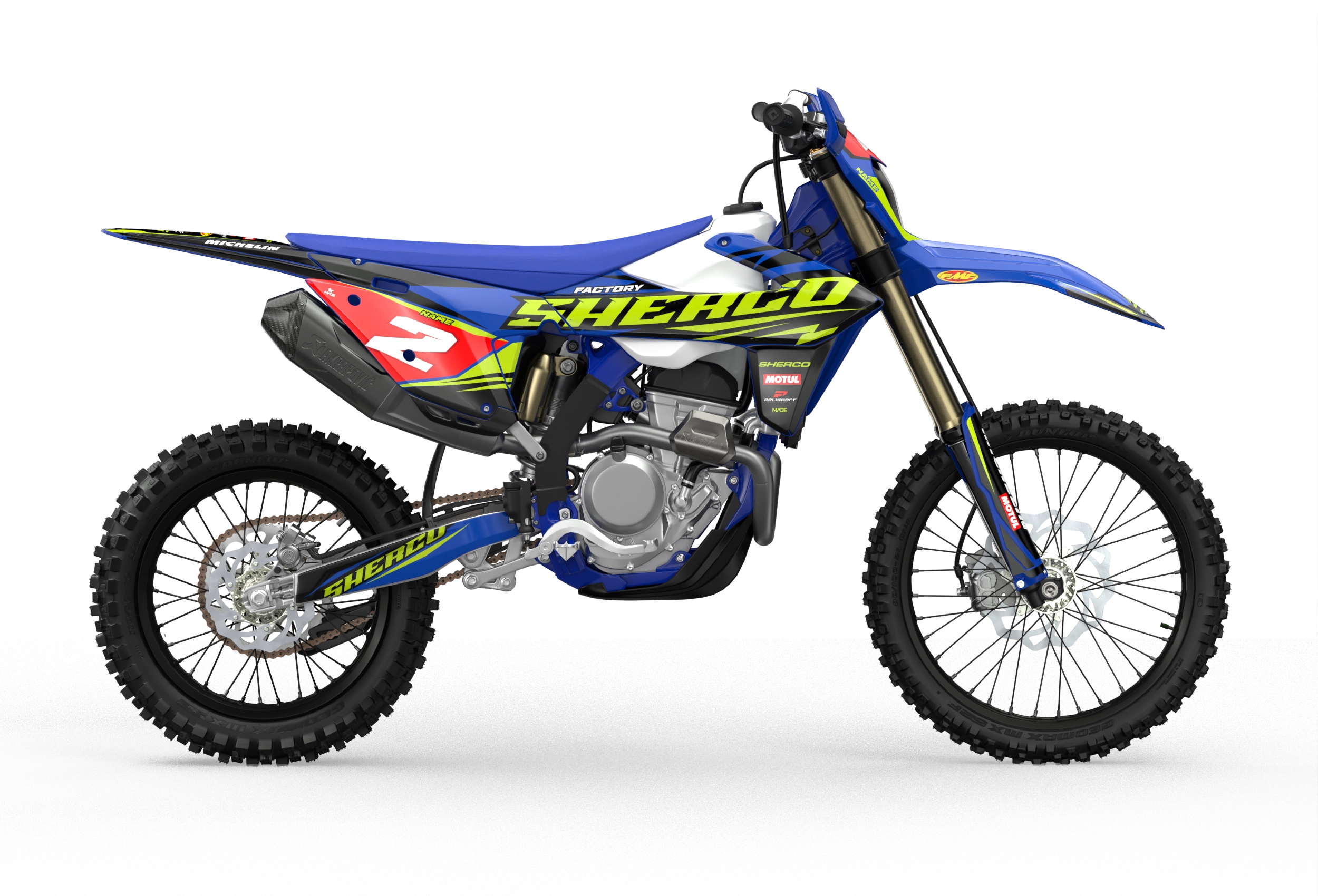 Sherco SE enduro Factory dirt bike graphics in blue, grey and yellow colors Blue#color_blue