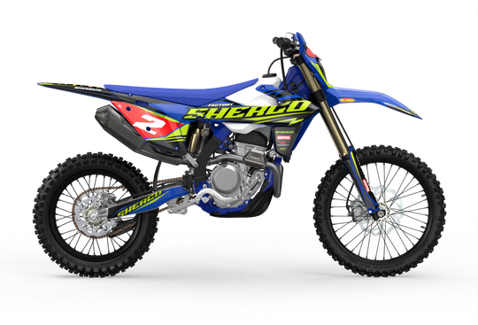 Sherco SE enduro Factory dirt bike graphics in blue, grey and yellow colors Blue#color_blue
