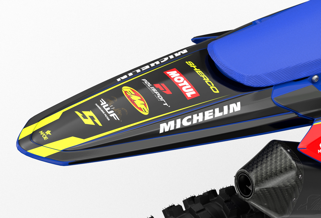 Sherco SE enduro Factory dirt bike graphics in blue, grey and yellow colors Blue#color_blue