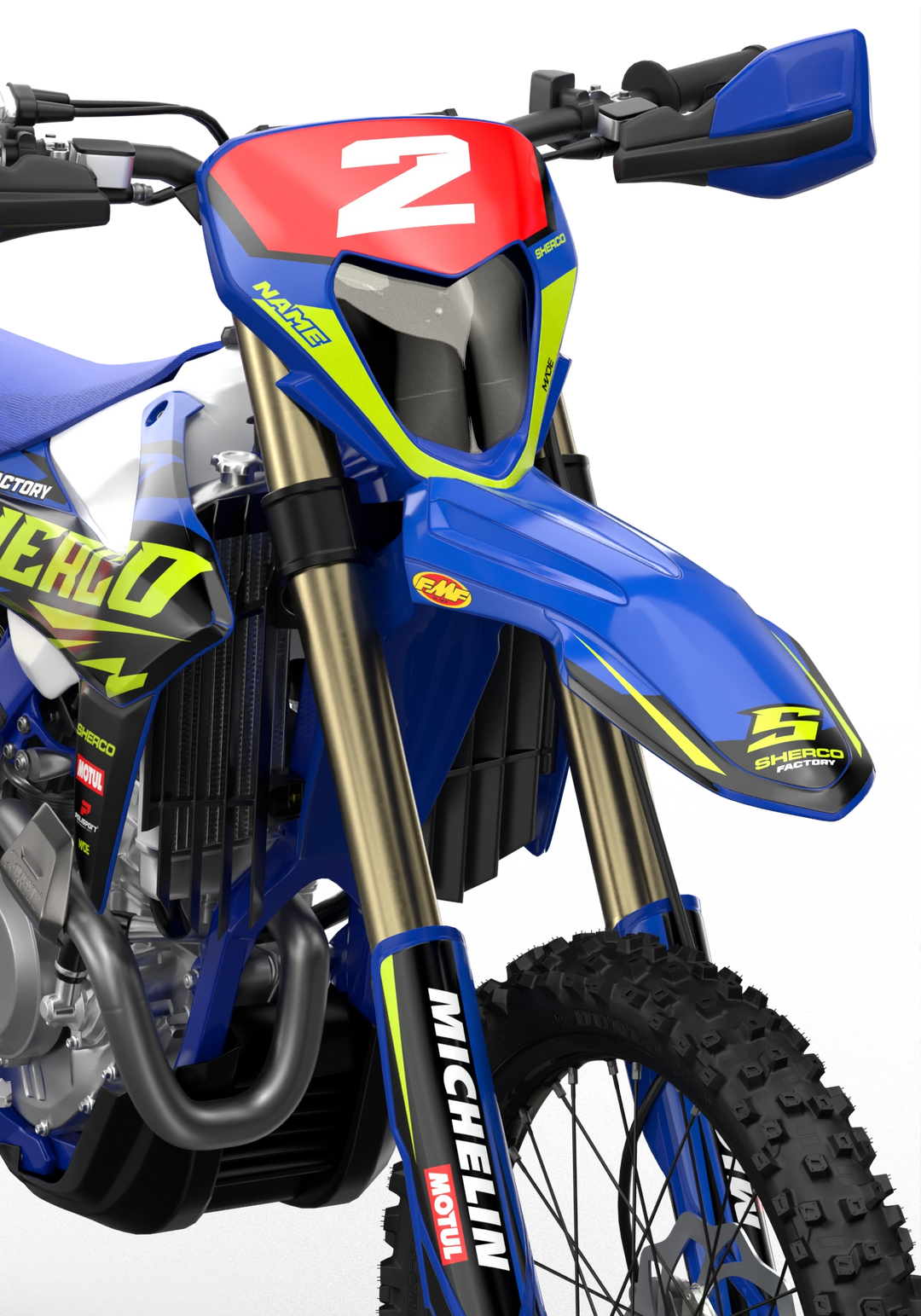 Sherco SE enduro Factory dirt bike graphics in blue, grey and yellow colors Blue#color_blue