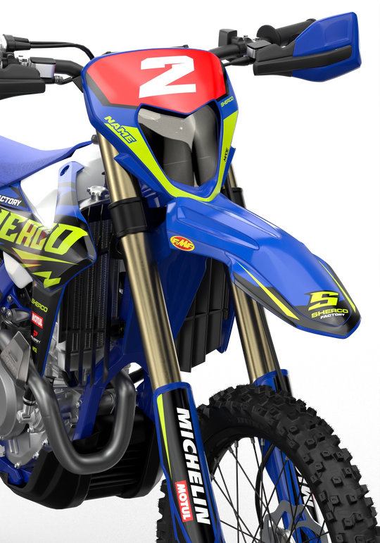 Sherco SE enduro Factory dirt bike graphics in blue, grey and yellow colors Blue#color_blue