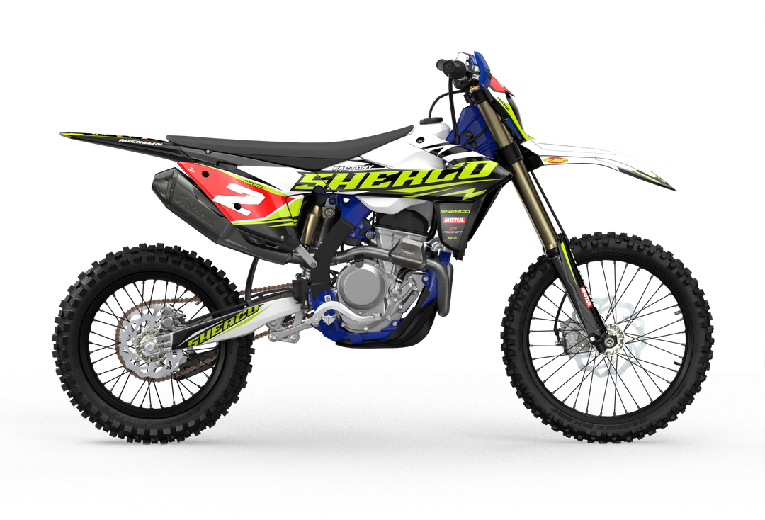 Sherco SE enduro Factory dirt bike graphics in blue, grey and yellow colors White#color_white