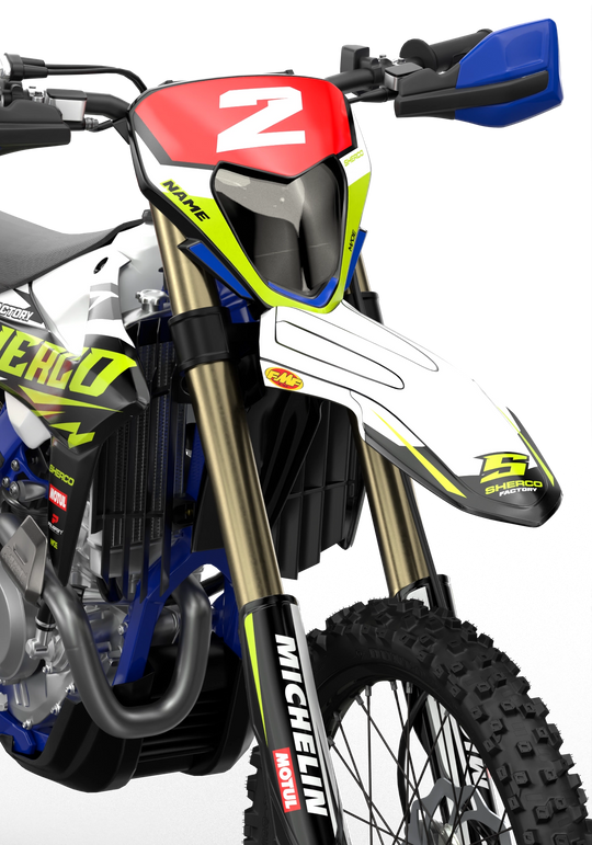 Sherco SE enduro Factory dirt bike graphics in blue, grey and yellow colors White#color_white