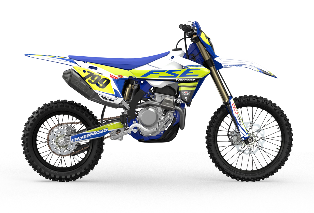 Sherco SE enduro Factory dirt bike graphics in blue, grey and yellow colors