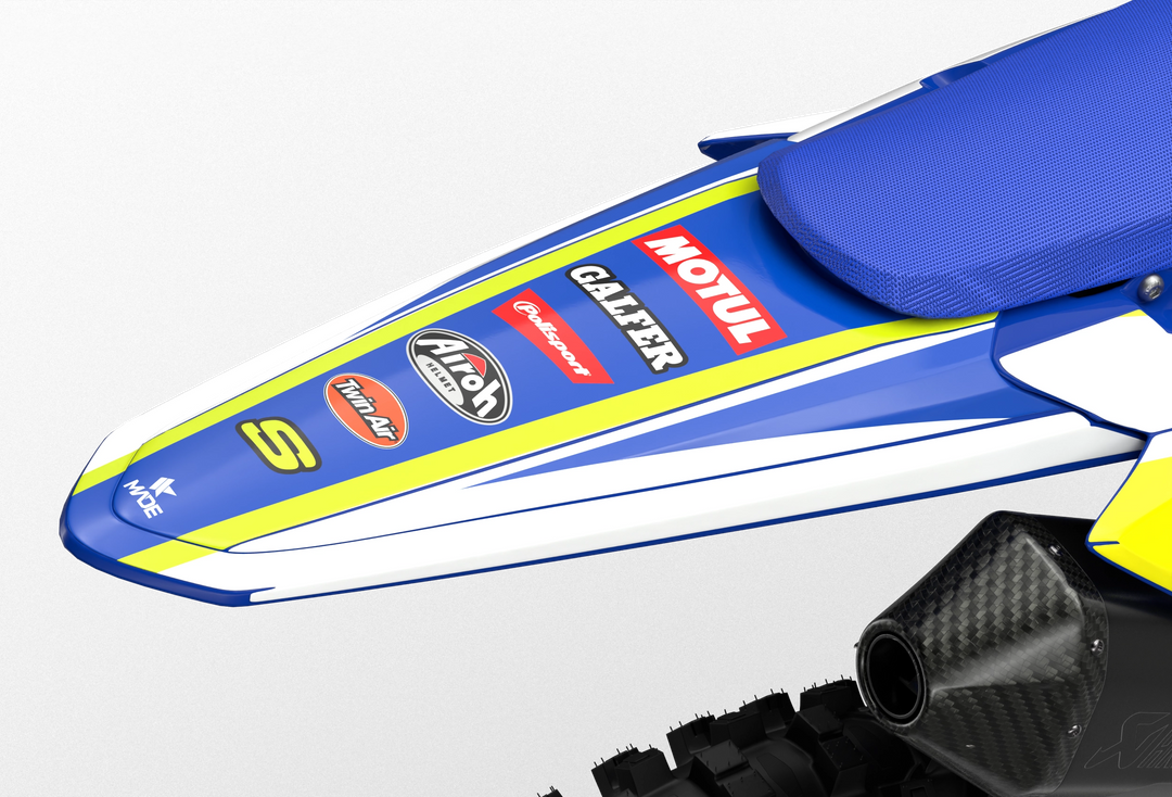 Sherco SE enduro Factory dirt bike graphics in blue, grey and yellow colors