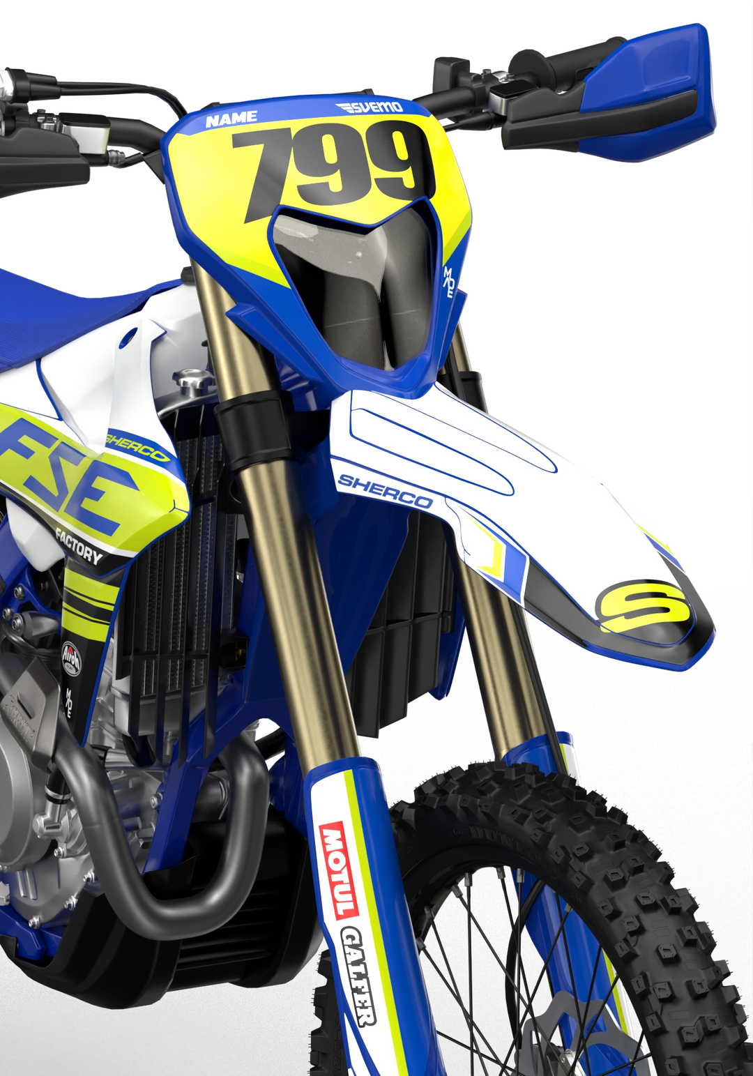 Sherco SE enduro Factory dirt bike graphics in blue, grey and yellow colors