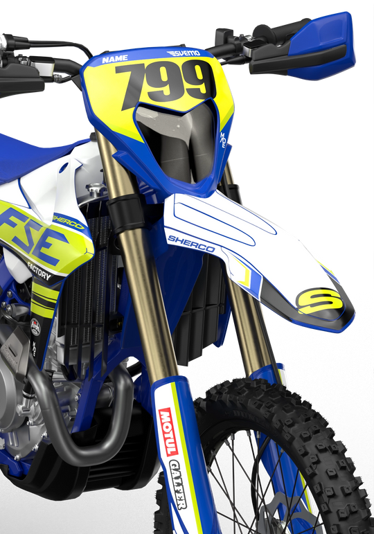 Sherco SE enduro Factory dirt bike graphics in blue, grey and yellow colors