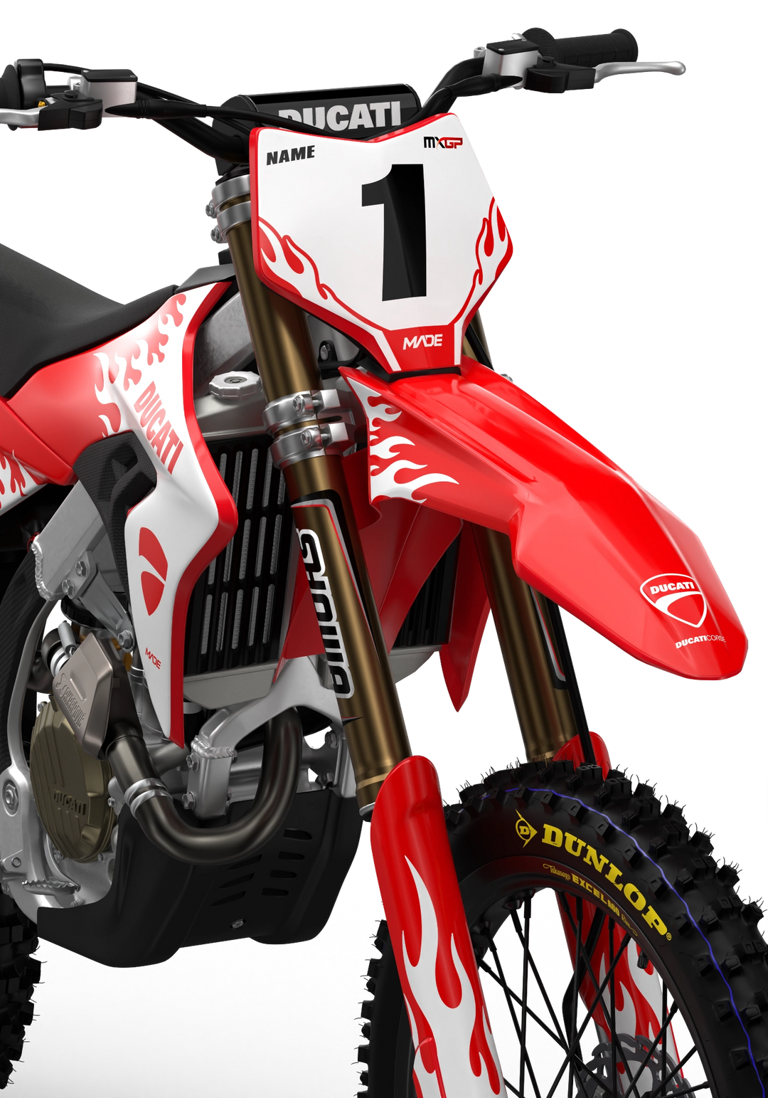 Ducati Desmo Premium graphics with flame design element from madestickers.com White#color_white