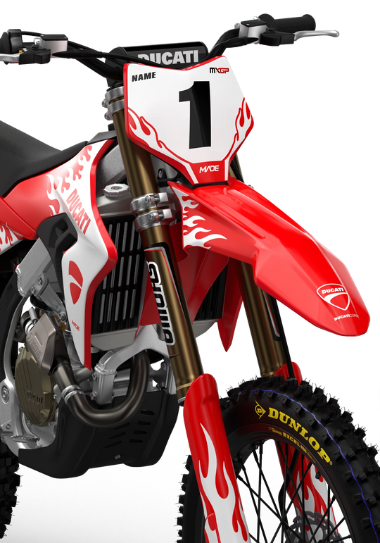 Ducati Desmo Premium graphics with flame design element from madestickers.com White#color_white
