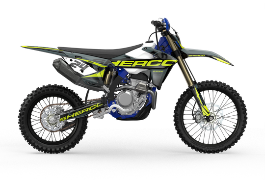 Sherco SE enduro Factory dirt bike graphics, Yellow, blue, grey, black colors
Black#color_black