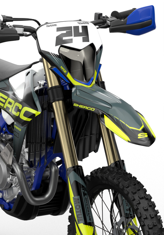 Sherco SE enduro Factory dirt bike graphics, Yellow, blue, grey, black colors
Black#color_black
