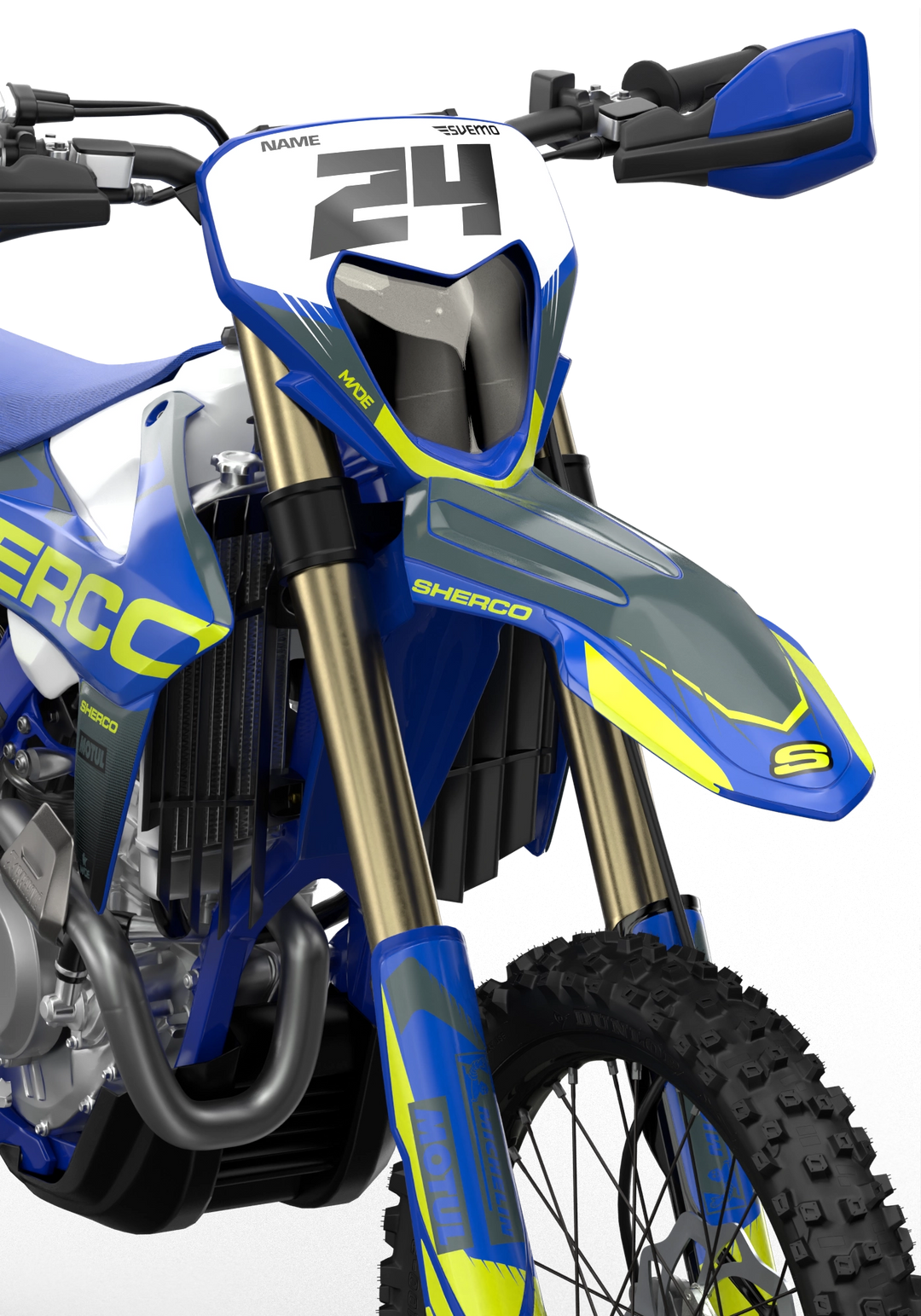 Sherco SE enduro Factory dirt bike graphics, Yellow, blue, grey, black colors
Blue#color_blue