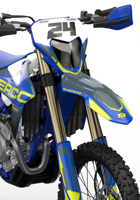 Sherco SE enduro Factory dirt bike graphics, Yellow, blue, grey, black colors
Blue#color_blue