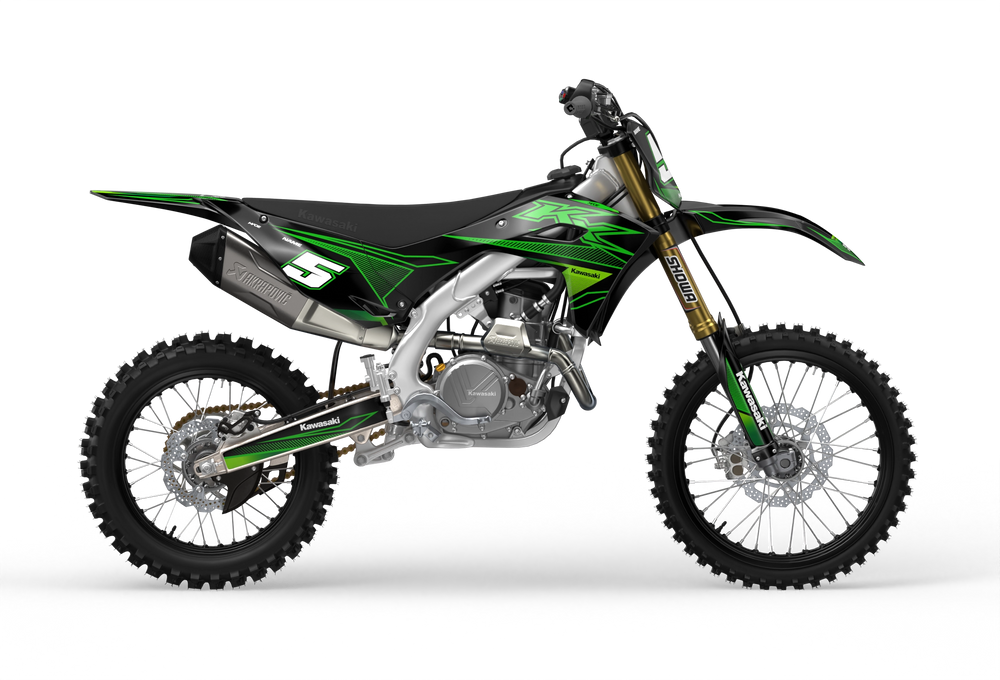 Kawasaki KX premium graphics with KX logo in sides and stripe texture and gradient shapes Black#color_black