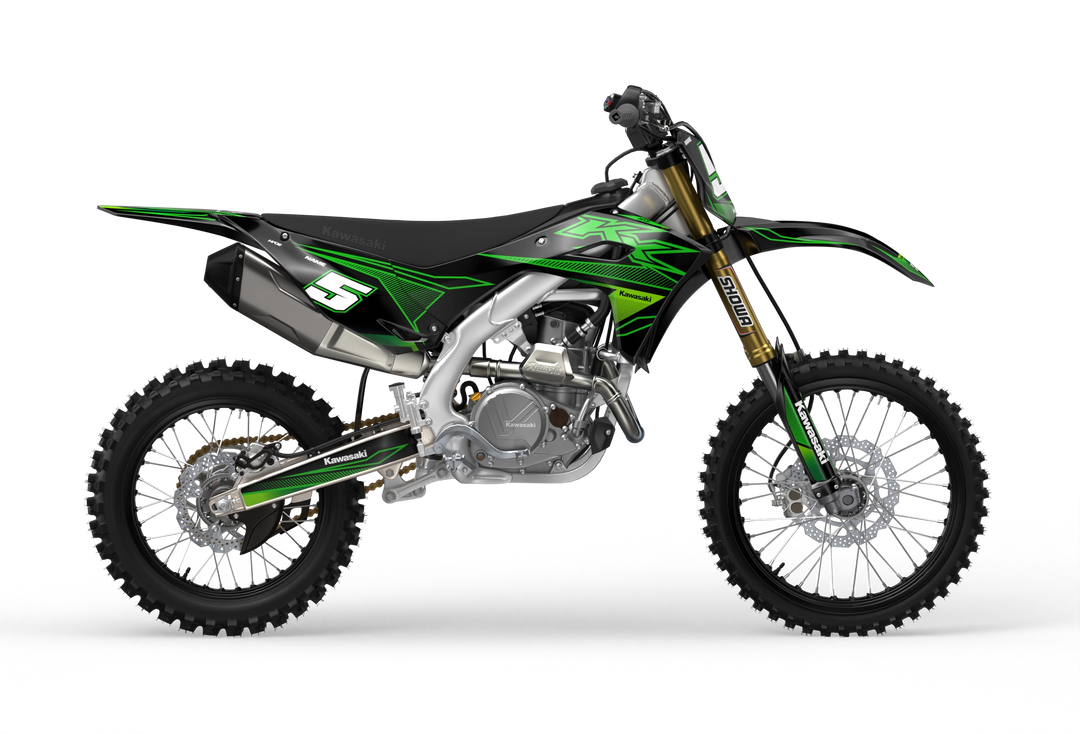 Kawasaki KX premium graphics with KX logo in sides and stripe texture and gradient shapes Black#color_black