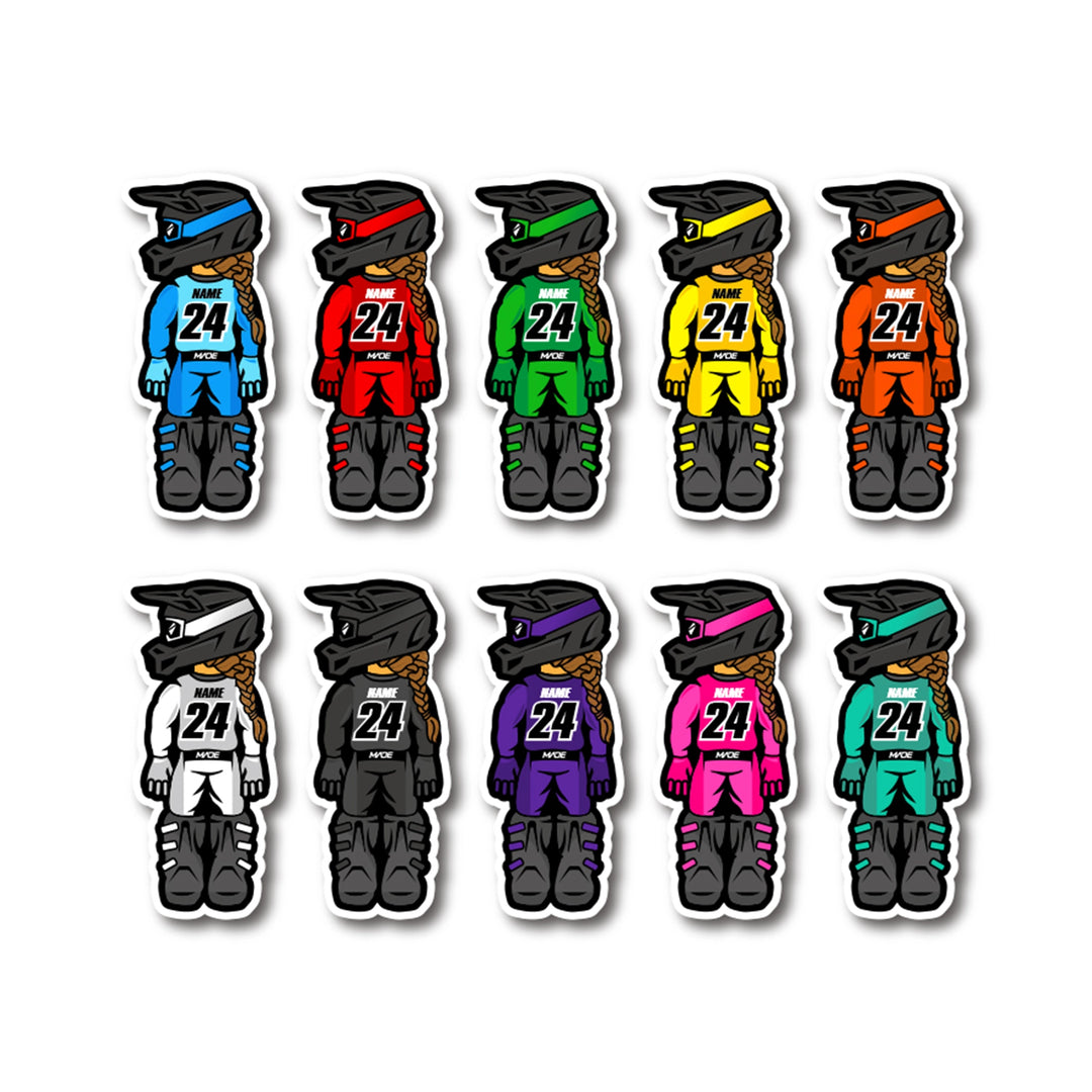 Set of 10 stickers with characters in colorful racing suits and hats on a white background