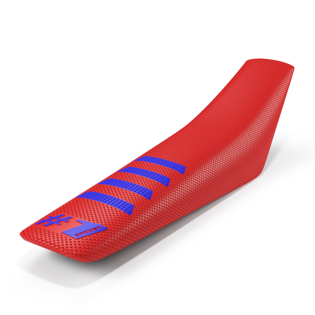 Red motorcycle seat cover with blue branding on a white background
