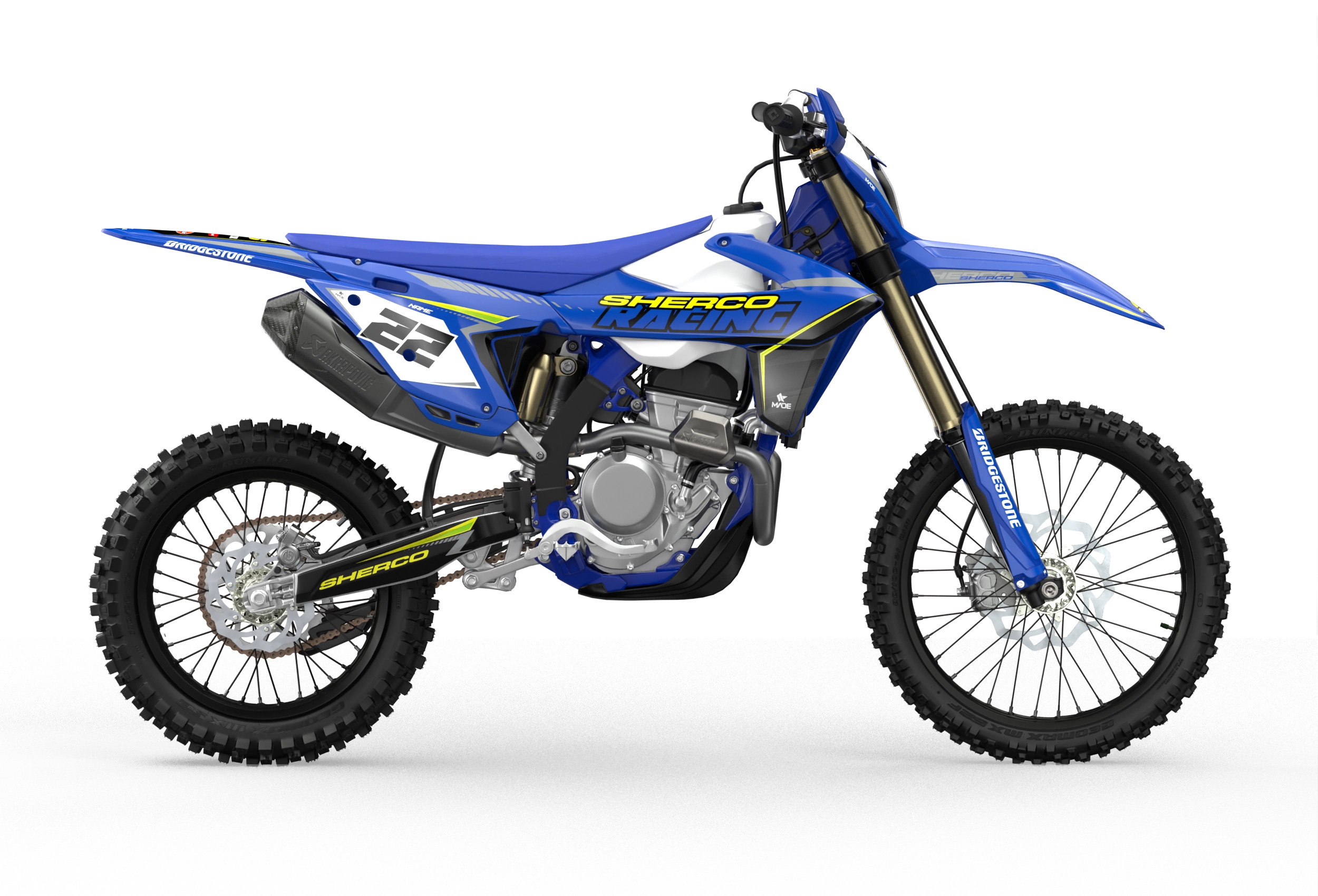 Racing Sherco SE enduro Factory dirt bike graphics in blue, grey and yellow colors