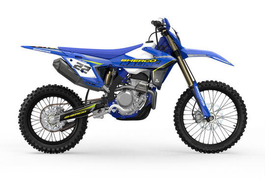 Racing Sherco SE enduro Factory dirt bike graphics in blue, grey and yellow colors