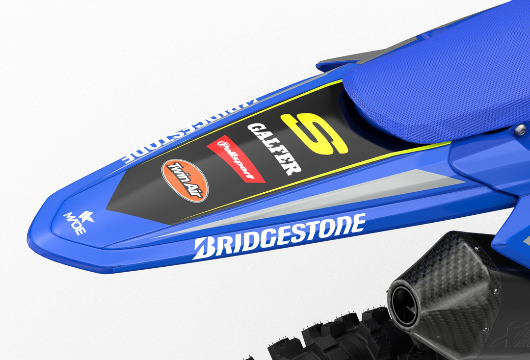 Racing Sherco SE enduro Factory dirt bike graphics in blue, grey and yellow colors