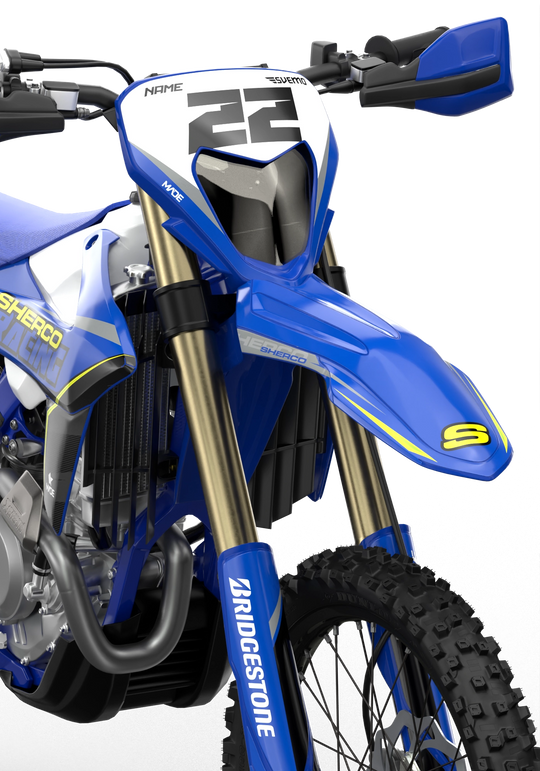 Racing Sherco SE enduro Factory dirt bike graphics in blue, grey and yellow colors