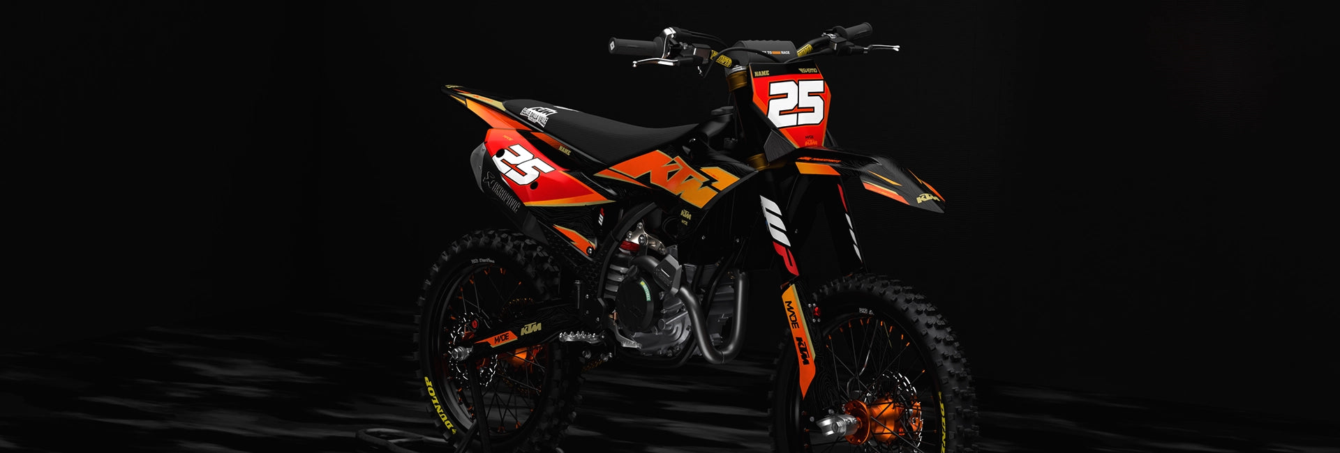 Visby KTM SXF orange and black dirt bike motocross graphics - 3D render promo picture - madestickers.com